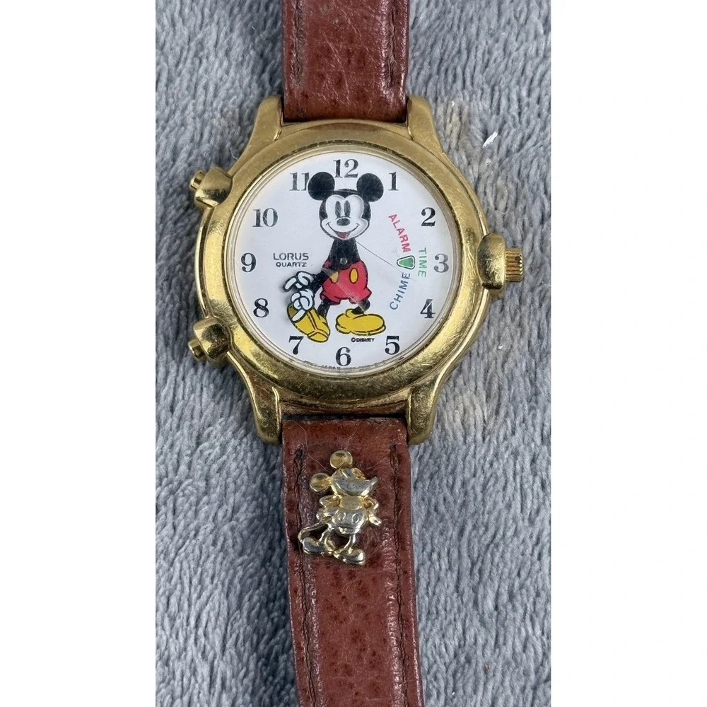 Vintage Lorus Mickey Mouse Alarm Chime Mens Watch Brown Leather Quartz V691-6000